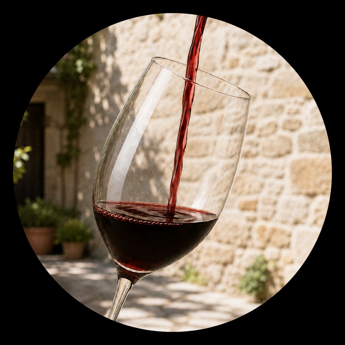 Rotwein wird vor einer sonnigen Natursteinmauer in ein Glas eingeschenkt