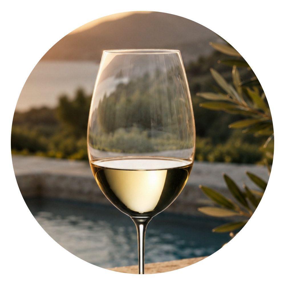 Glas Weißwein am Pool mit Olivenzweig