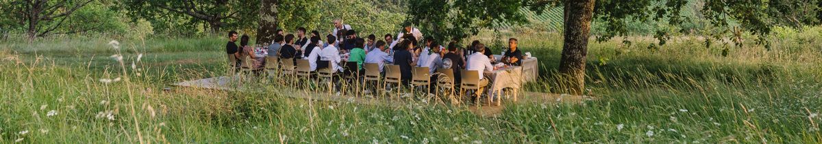 Eine Personengruppe sitzt an einer langen gedeckten Tafel umgeben von grüner Wiese auf Château Laroque