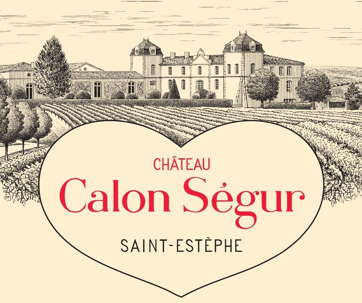 Weinlabel mit Zeichnung vom Chateau und Chateau Name in schwarz in einem Herz von Calon Segur