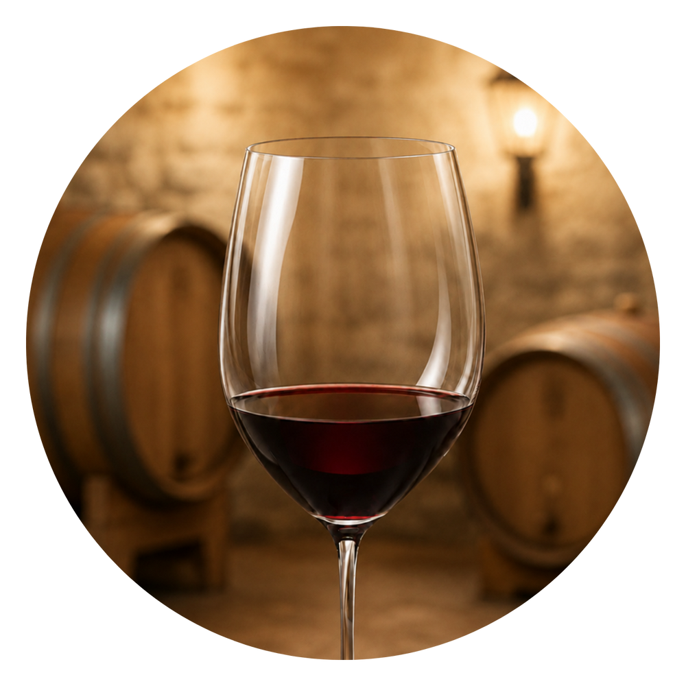 Glas Rotwein im Fasskeller