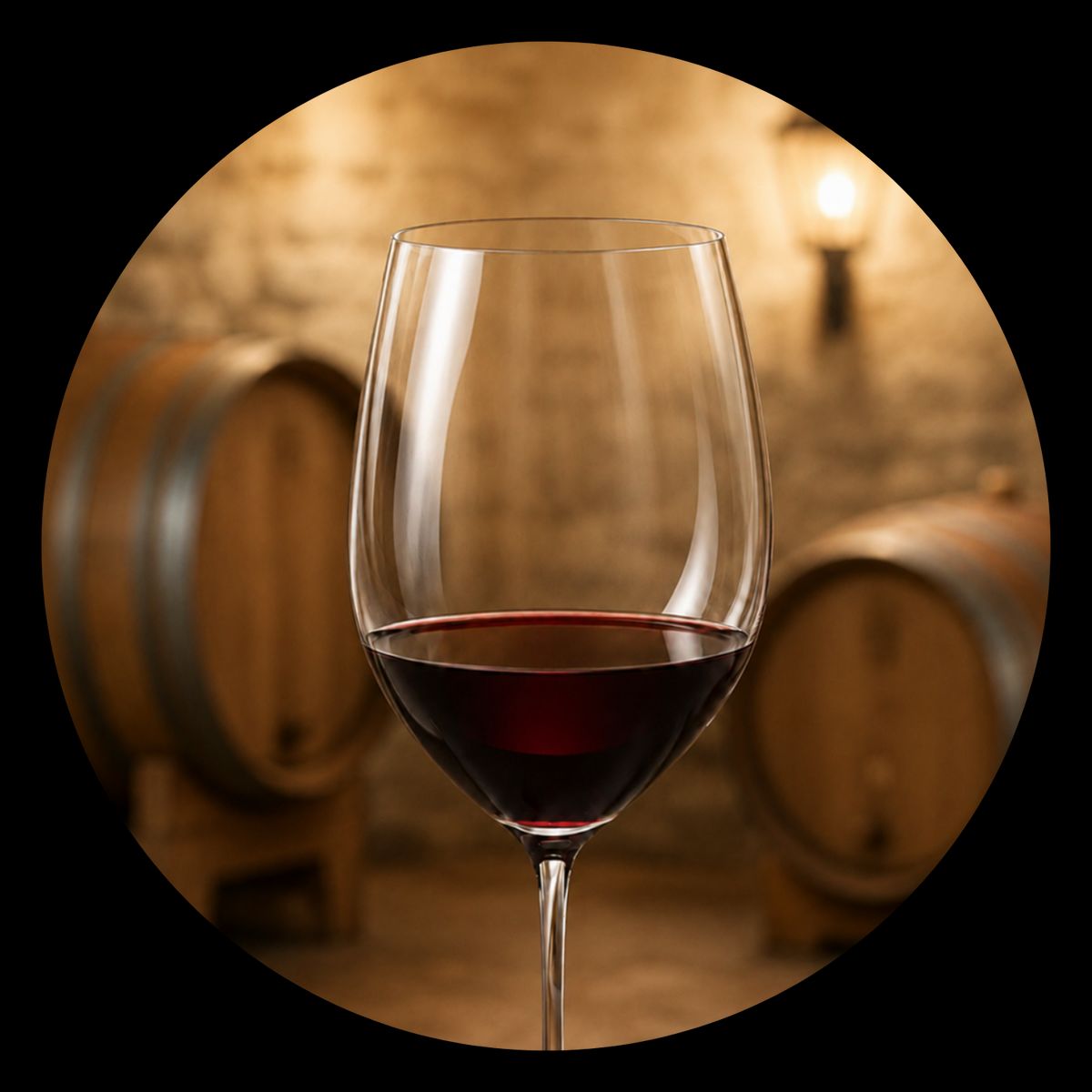 Glas Rotwein im Fasskeller