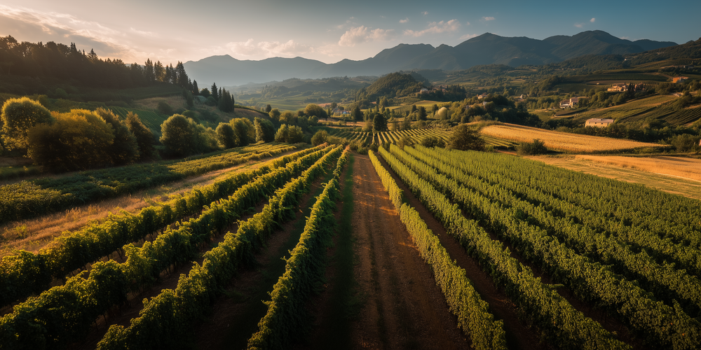Weinbergreihen im Abendlicht mit Bergpanorama am Horizont