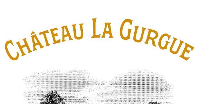 Goldener Schriftzug von Chateau la gurgue über schwarz weißer Zeichnung von Gebäude