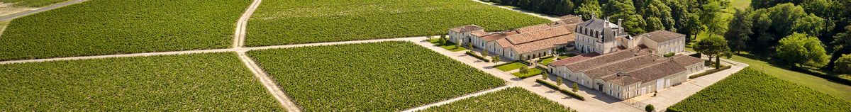 Château Grand Puy Lacoste aus der Vogelperspektive inmitten von grünen Weinbergen.