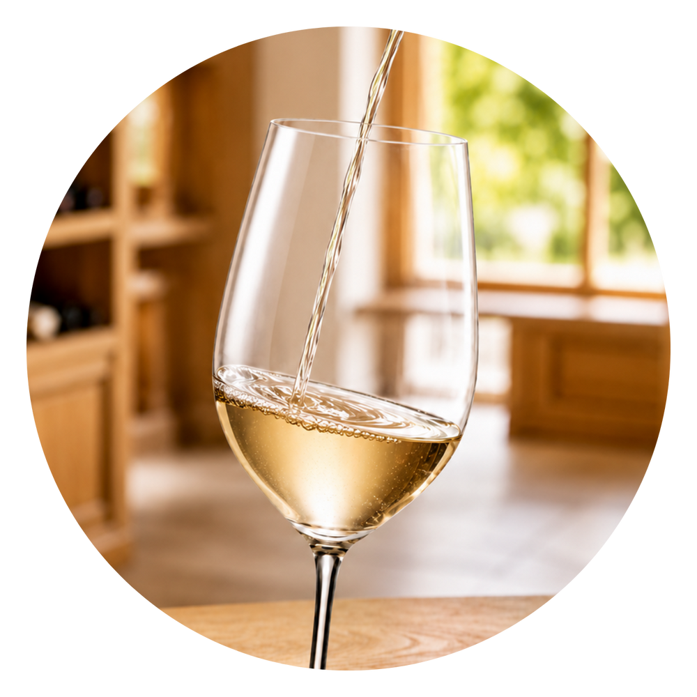 Weißwein wird in einer Vinothek in ein Glas eingeschenkt