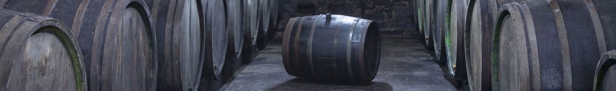 Rechts und links aufgereihte Fässer und ein querliegendes Fass in der Mitte im Gewölbekeller von Weingut Willi Schaefer