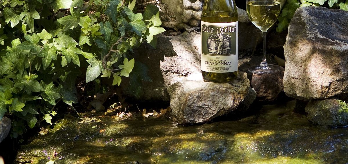 Weinflasche von Weingut Heitz auf einem Stein und daneben Efeu.