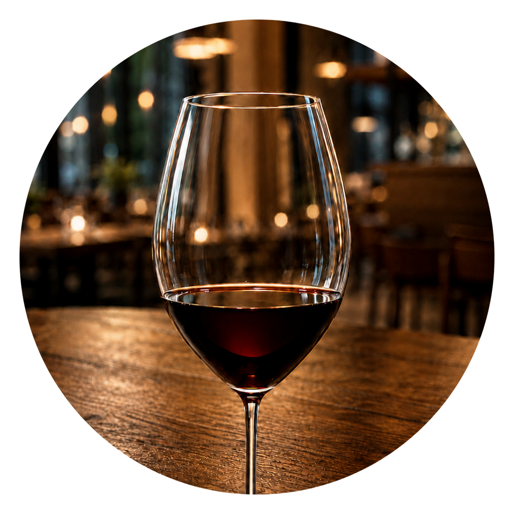 Glas Rotwein auf Holztisch in einem Restaurant