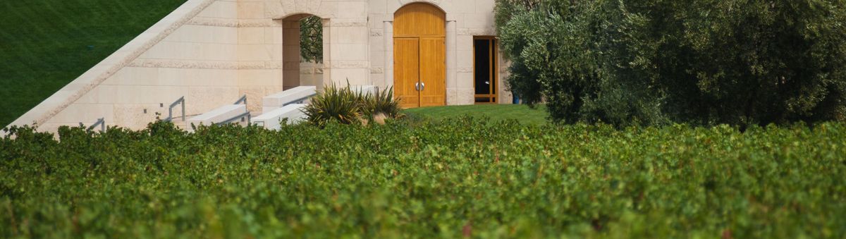Anwesen des Weinguts Opus One mit einer Holztür und im Vordergrund die Weinrebenreihen des Weinbergs.