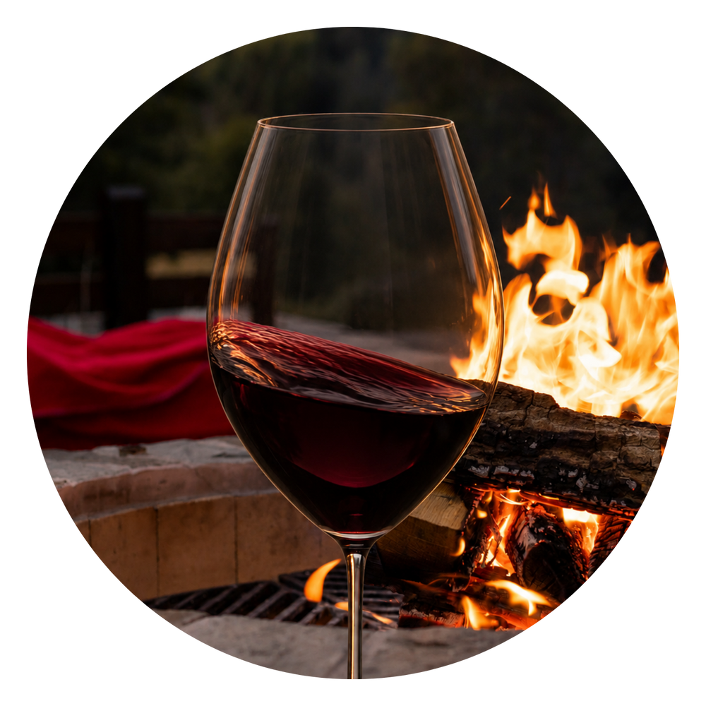 Glas Rotwein neben einer offenen Feuerstelle