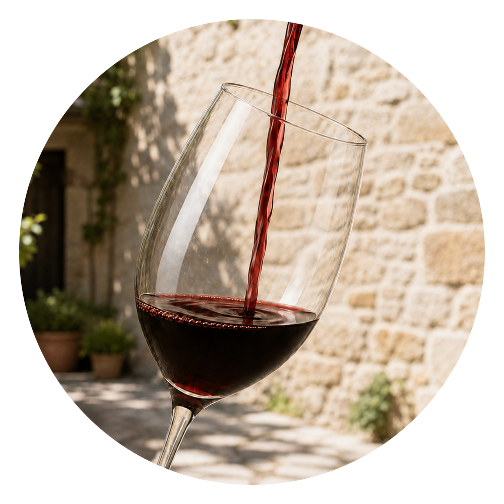 Rotwein wird vor einer sonnigen Natursteinmauer in ein Glas eingeschenkt