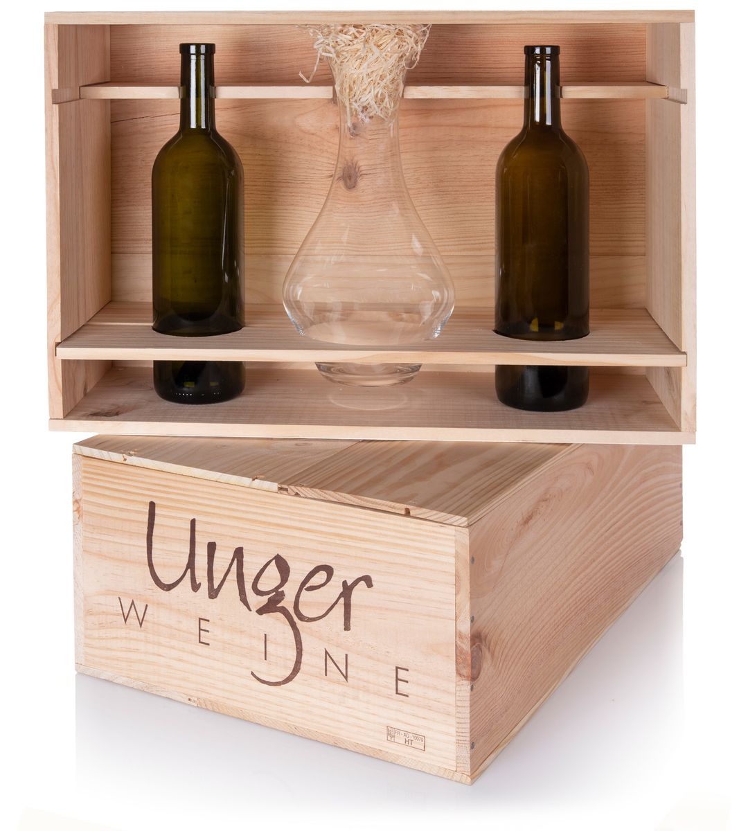 Unger Weine - Bordeaux Holzkiste für eine oder zwei Flaschen, Magnum Decanter Riedel