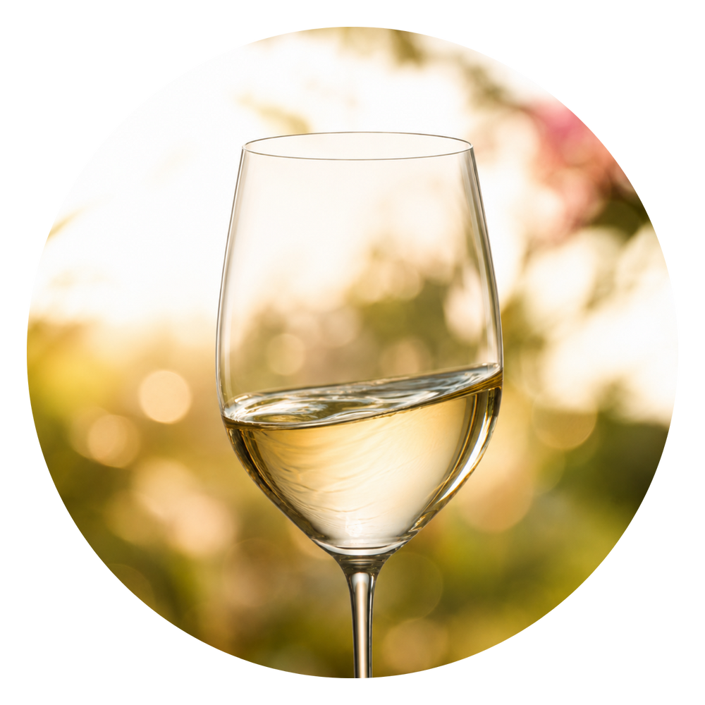 Glas Weißwein im goldenen Gegenlicht