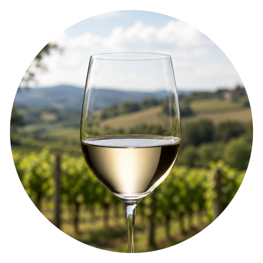 Glas Weißwein vor hügeliger Weinberglandschaft
