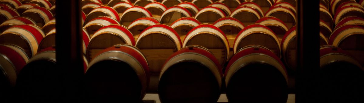Viele aufgereihte Weinfässer im Weinkeller des Weingus Opus One.