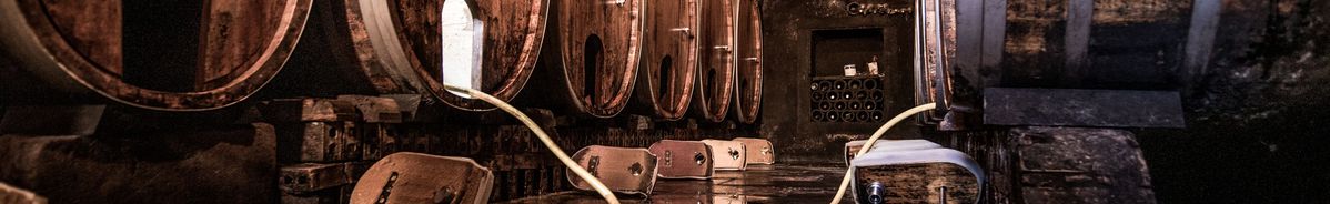 Aufgereihte Weinfässer in einem Gewölbekeller sind geöffnet und werden mit einem Wasserschlauch gereinigt auf dem Weingut Wagner-Stempel.