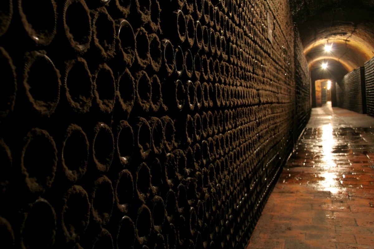 Alte aufeinanderliegende Weinflaschen von Laurent Perrier an Wand von langem Gang mit Lichtern von der Decke