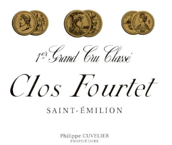 Weinlabel von Chateaus Clos Fourtet mit schwarzem Schriftzug und drei goldenen Ringen