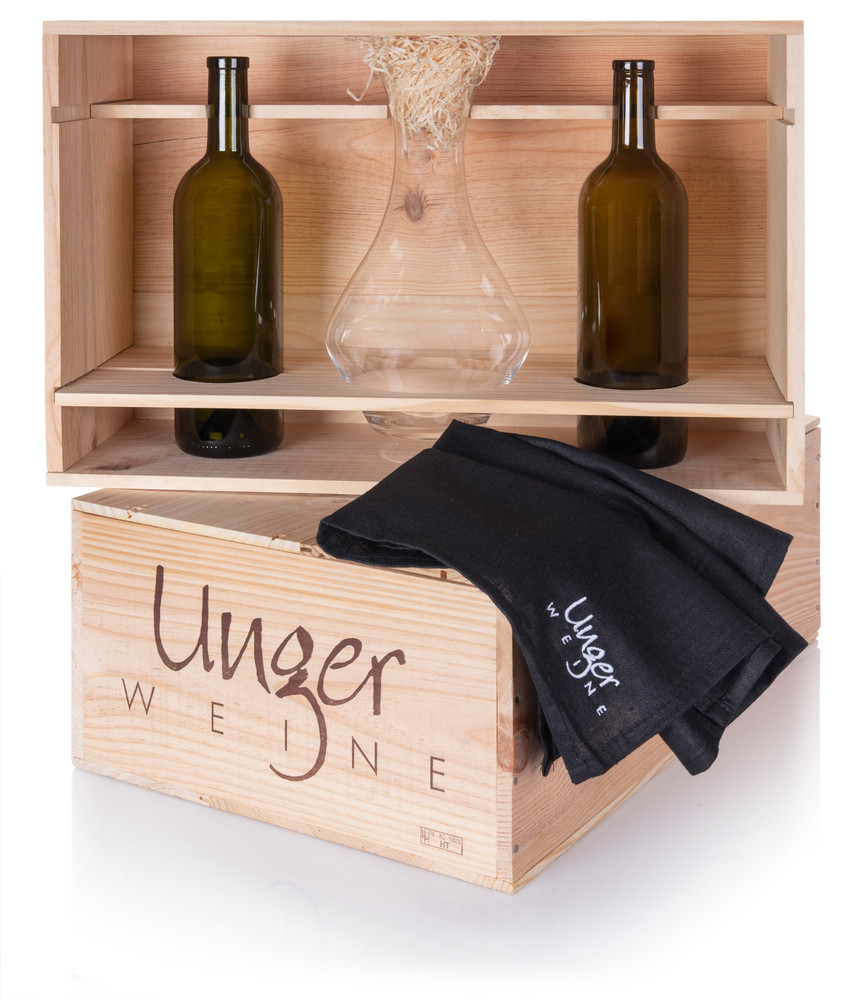Unger Weine - Bordeaux Holzkiste für eine oder zwei Flaschen, Magnum Decanter Riedel & Latzschürze mit Stickerei